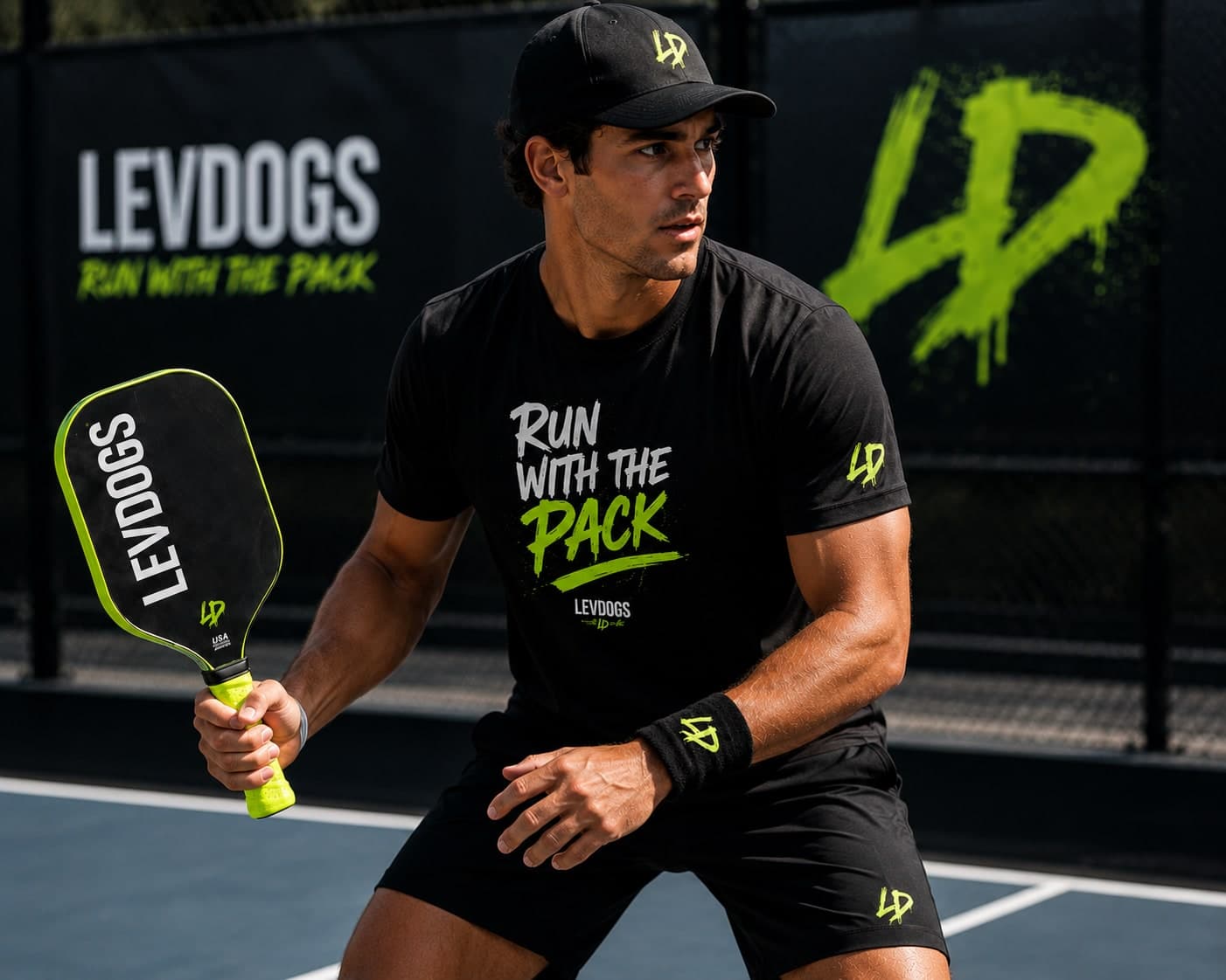 A LEVDOGS player in a ready stance holding the official LEVDOGS pickleball paddle on a court