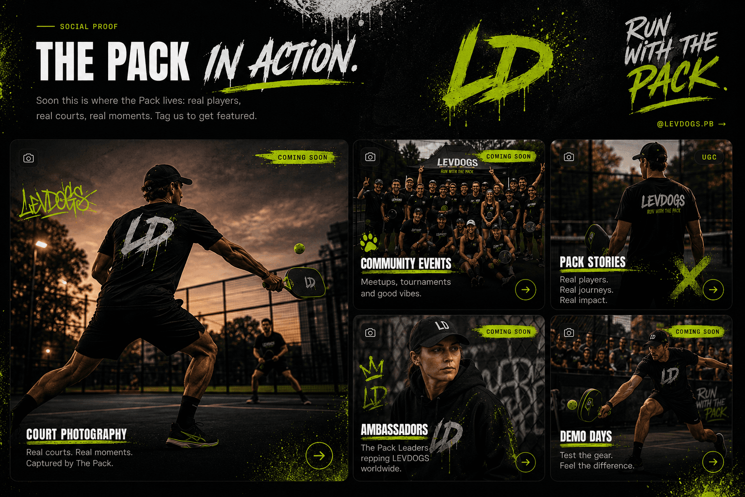 The Pack in action: LEVDOGS players on urban courts at dusk, community events, ambassadors and demo days. Run with the Pack.